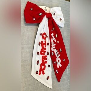 Red and White Cheer Satin Bow with Rhinestones